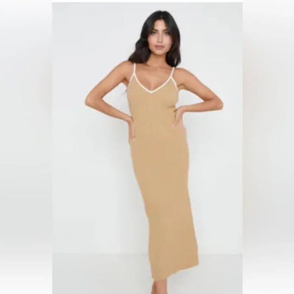 CRESCENT CONTRASTING TRIM RIBBED BODYCON TANK MIDI DRESS BEIGE & WHITE SIZE S - Picture 1 of 12